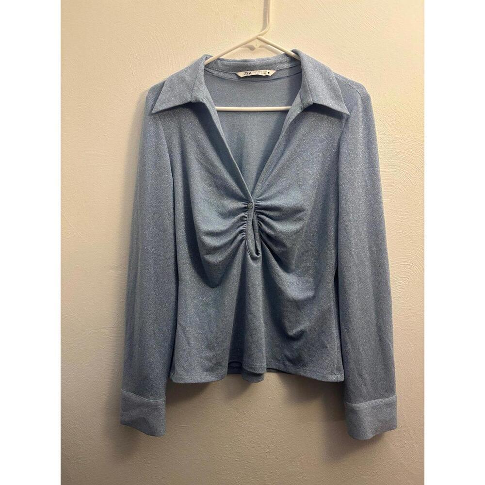 Zara Icy Blue Metallic Collared Keyhole Cutout Long Sleeve Top Size XL - Picture 5 of 8
